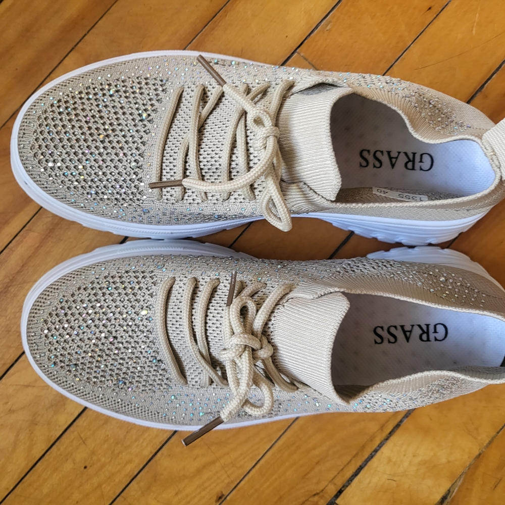 Ras Women's Beige Knit Athletic Sneakers with Crystal Accents